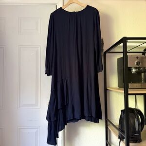 SOLIKA navy blue rayon gauze asymmetrical draped hem boat neck midi dress‎